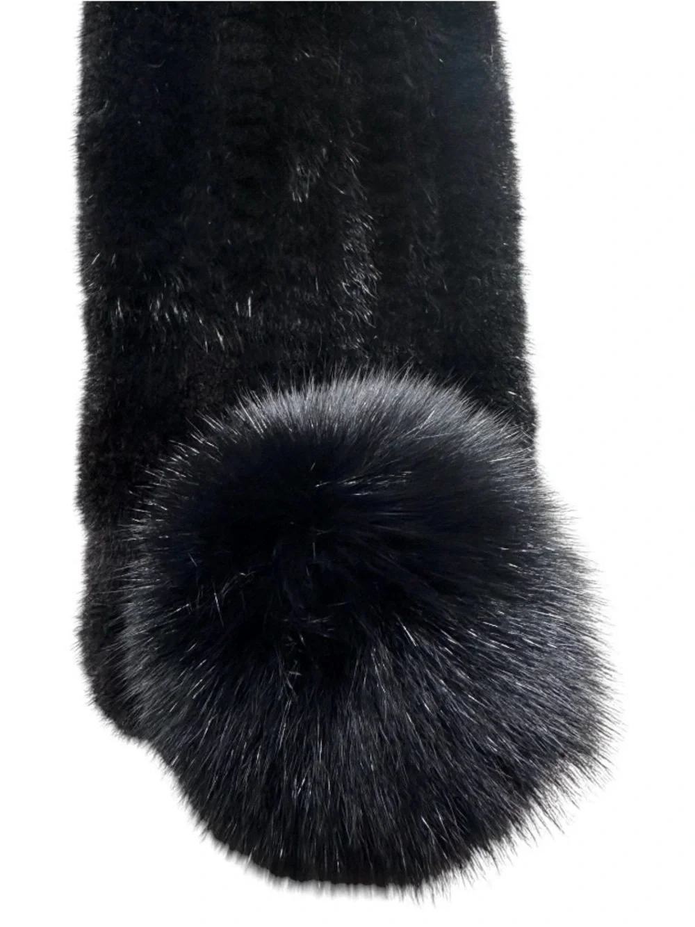 RANCH MINK Knitted Scarf w/Black FOX Pompom, 24”L, Certified Vintage Fur